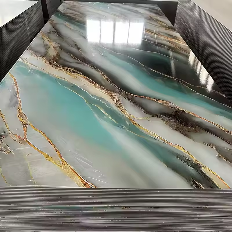  marble-patterned UV board, green grooved board for indoor PVC wall decoration.