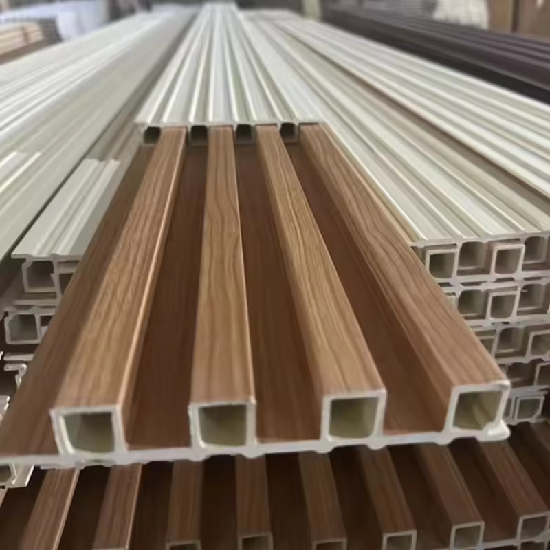 Environmentally friendly indoor WPC wall panels applicable to residential buildings. Interior decoration with WPC wall panels.