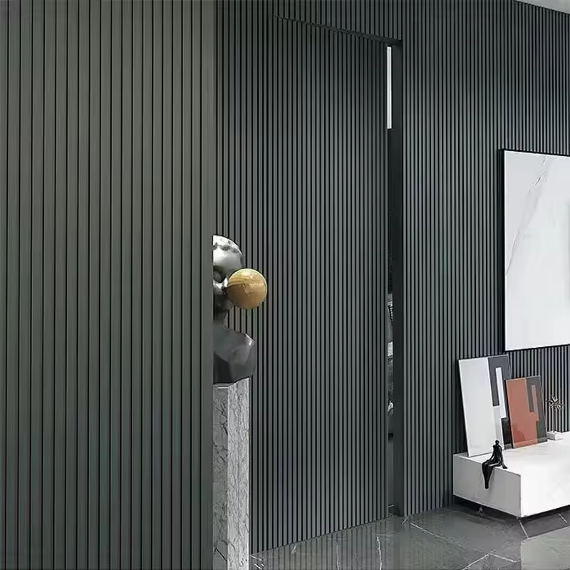 WPC and PVC wall panels with a grooved design are used for indoor home decoration. There are 300 meters of WPC wall panels.