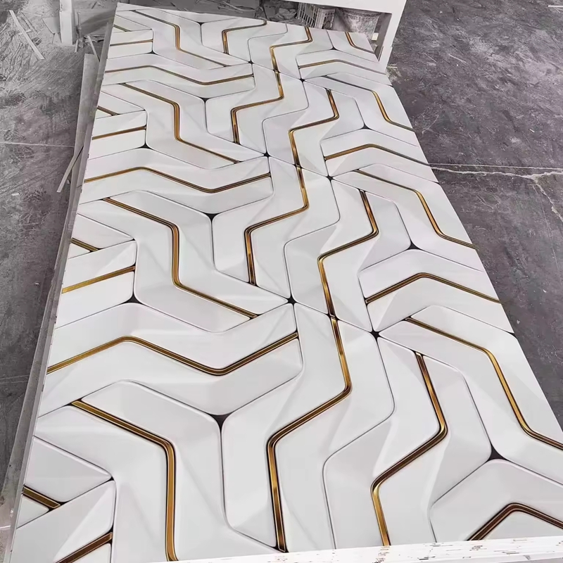 Nuevo Diseño Panel de Pared de Mármol UV de PVC Impermeable con Decoración Geométrica Dorada y Efecto Brillo