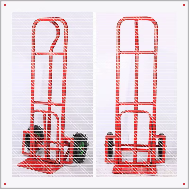 Single round tube handcart with red/yellow thick steel plate load-bearing, silent rubber wheels, foldable and portable
