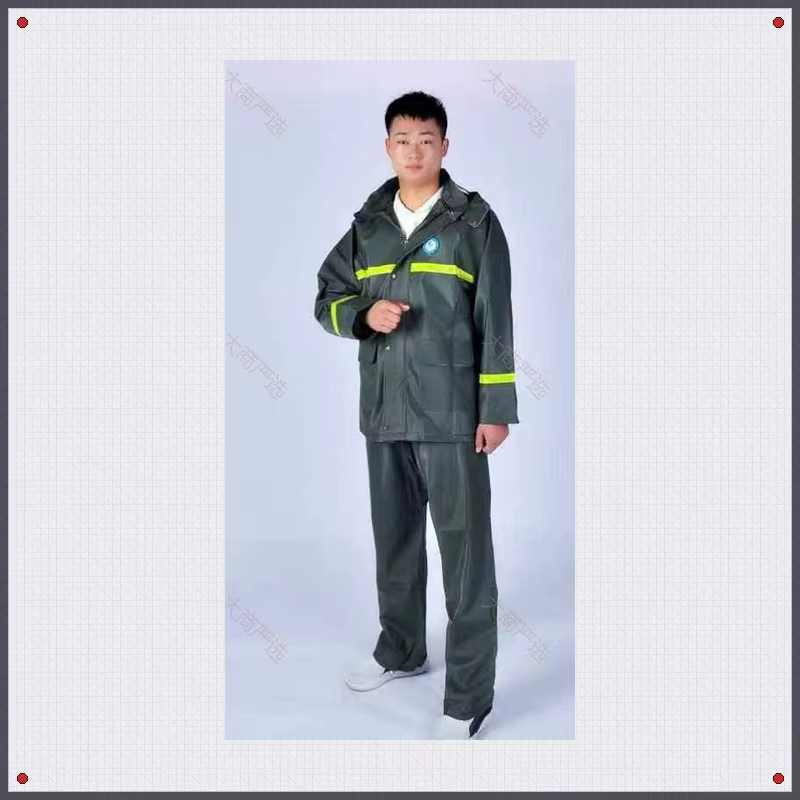 Grey-Green PVC Reflective-Strip Two-Piece Rain Suit (Jacket + Trousers)	